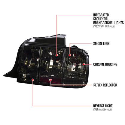 2005-2009 Ford Mustang Sequential Tail Lights (Chrome Housing/Smoked Lens)