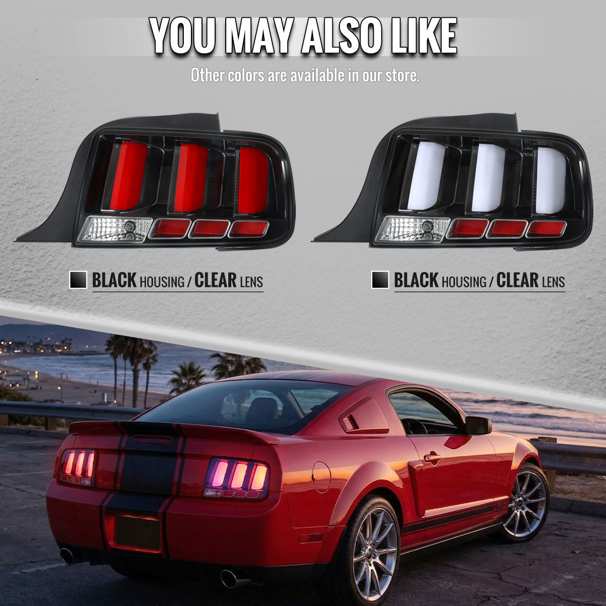2005-2009 Ford Mustang LED Tail Brake Signal Lights (Black Housing / Clear Lens / White Bars)