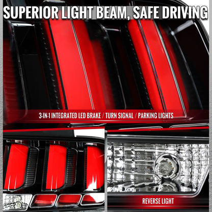 2005-2009 Ford Mustang LED Tail Brake Signal Lights (Black Housing / Clear Lens / Red Bars)
