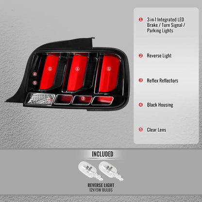2005-2009 Ford Mustang LED Tail Brake Signal Lights (Black Housing / Clear Lens / Red Bars)