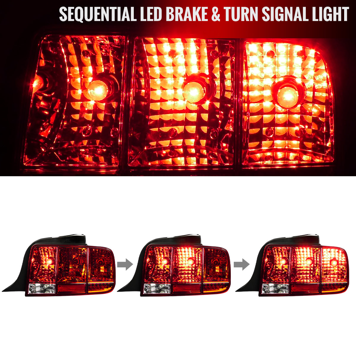 2005-2009 Ford Mustang Sequential Tail Lights (Chrome Housing/Red Lens)