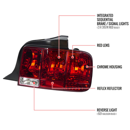 2005-2009 Ford Mustang Sequential Tail Lights (Chrome Housing/Red Lens)