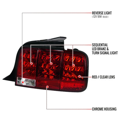2005-2009 Ford Mustang Sequential LED Tail Lights (Chrome Housing/Red Lens)