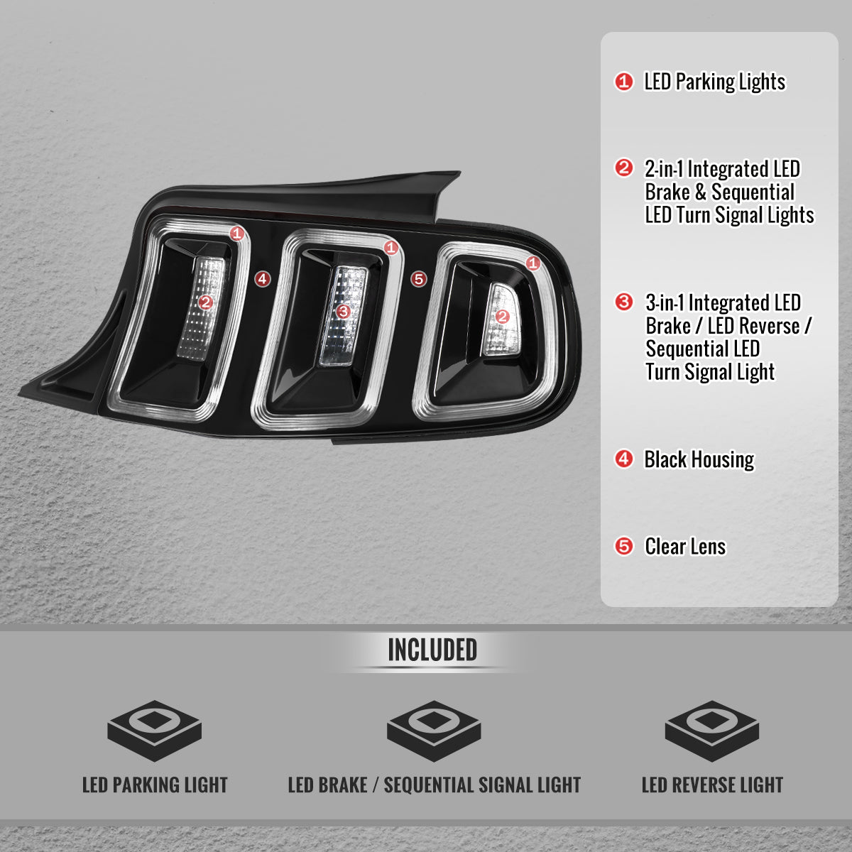 2010-2012 Ford Mustang Base GT Red Tail Lights w/ Sequential LED Turn Signal (Black Hoursing / Clear Lens)