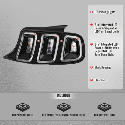 2010-2012 Ford Mustang Base GT Red Tail Lights w/ Sequential LED Turn Signal (Black Hoursing / Clear Lens)