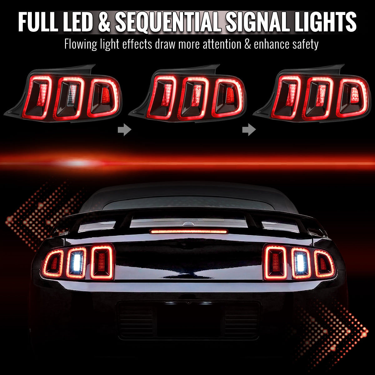 2010-2012 Ford Mustang Base GT Red Tail Lights w/ Sequential LED Turn Signal (Black Hoursing / Red Lens)