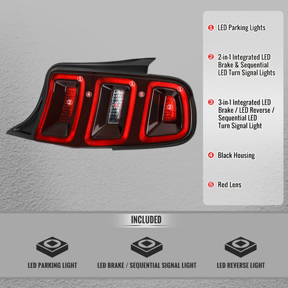 2010-2012 Ford Mustang Base GT Red Tail Lights w/ Sequential LED Turn Signal (Black Hoursing / Red Lens)