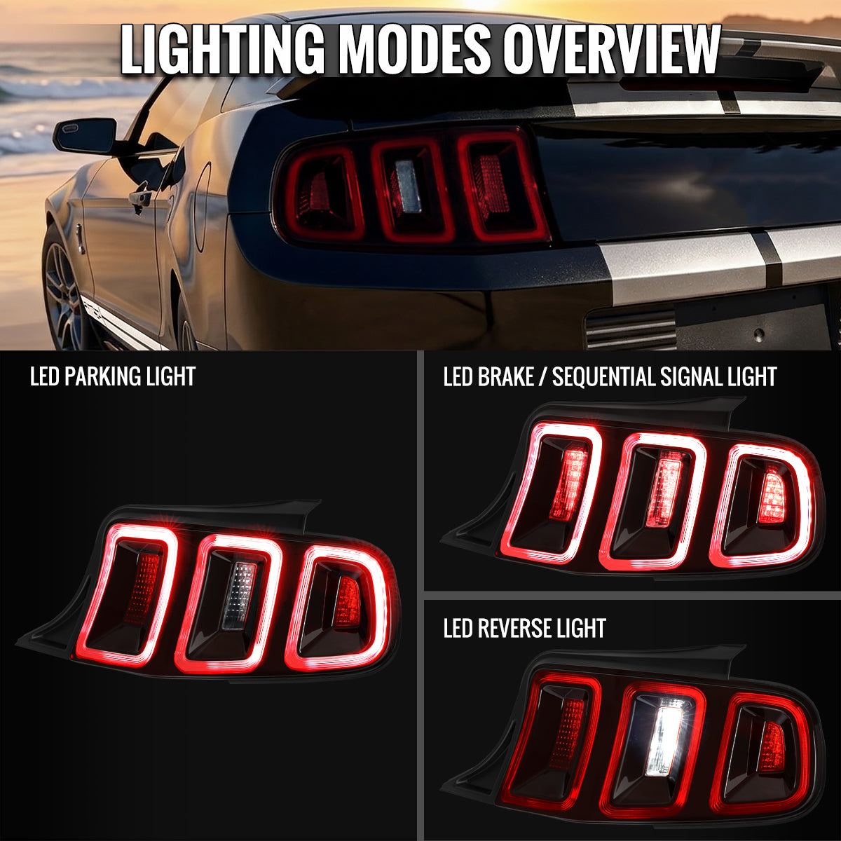 2010-2012 Ford Mustang Base GT Red Tail Lights w/ Sequential LED Turn Signal (Black Hoursing / Red Lens)