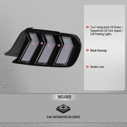 2015-2023 Ford Mustang Sequential LED Turn Signal Tail Lights (Black Housing / Smoke Lens)