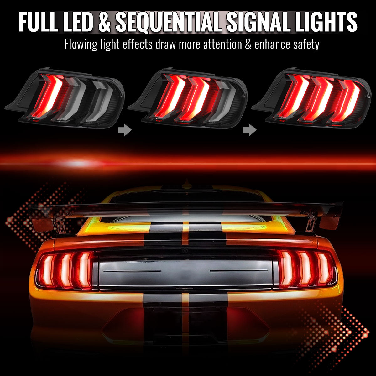 2015-2023 Ford Mustang Sequential LED Turn Signal Euro Tail Lights (Black Housing / Smoked Lens)