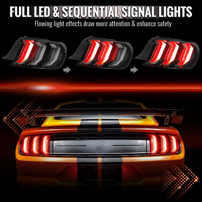 2015-2023 Ford Mustang Sequential LED Turn Signal Euro Tail Lights (Black Housing / Smoked Lens)