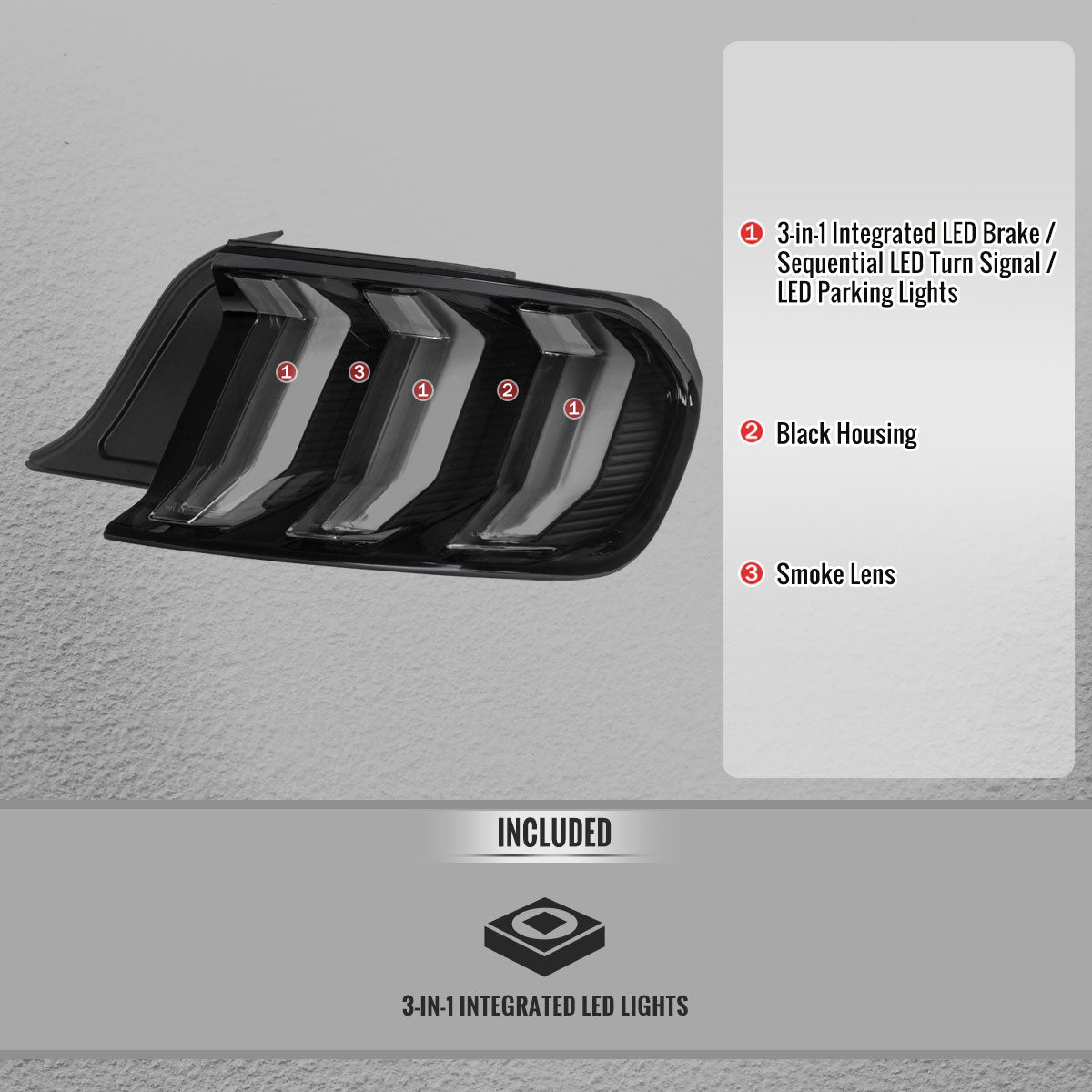 2015-2023 Ford Mustang Sequential LED Turn Signal Euro Tail Lights (Black Housing / Smoked Lens)