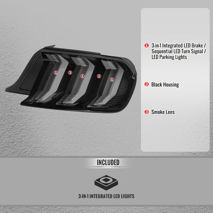 2015-2023 Ford Mustang Sequential LED Turn Signal Euro Tail Lights (Black Housing / Smoked Lens)