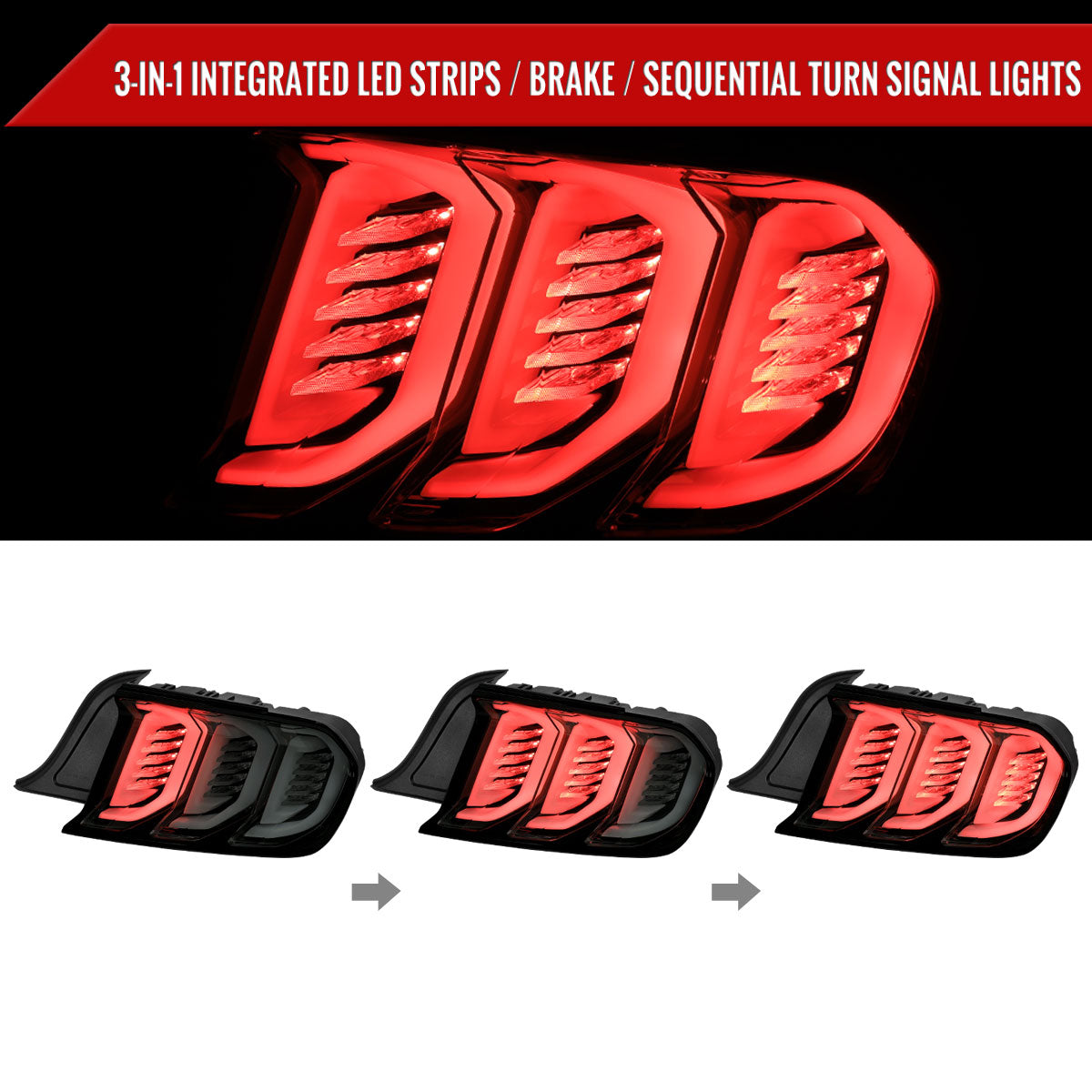 2015-2023 Ford Mustang Sequential Signal LED Tail Lights (Glossy Black Housing/Smoked Lens)
