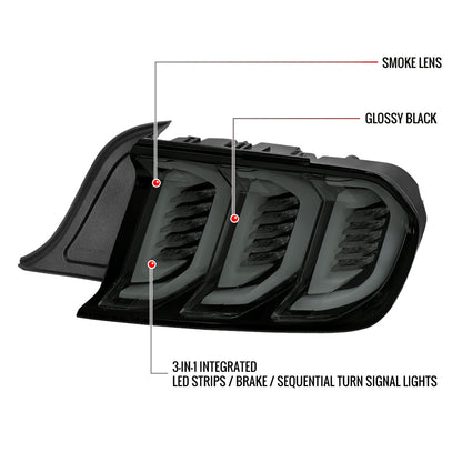 2015-2023 Ford Mustang Sequential Signal LED Tail Lights (Glossy Black Housing/Smoked Lens)