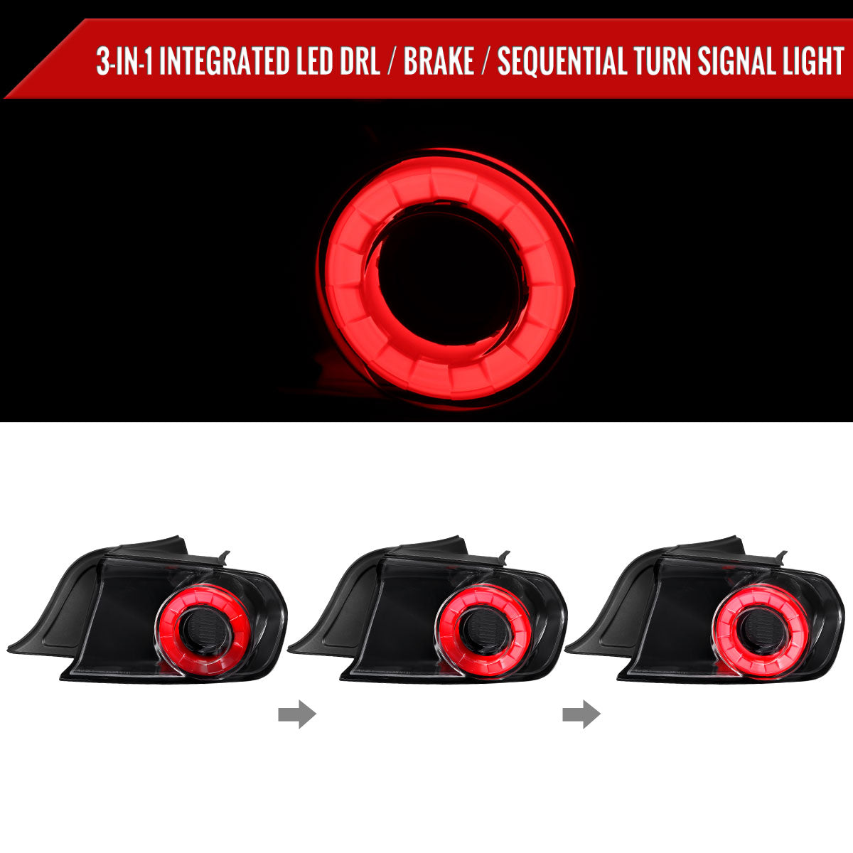 2015-2022 Ford Mustang Coupe/Convertible Red LED Bar Tail Lights (Glossy Black Housing/Clear Lens)