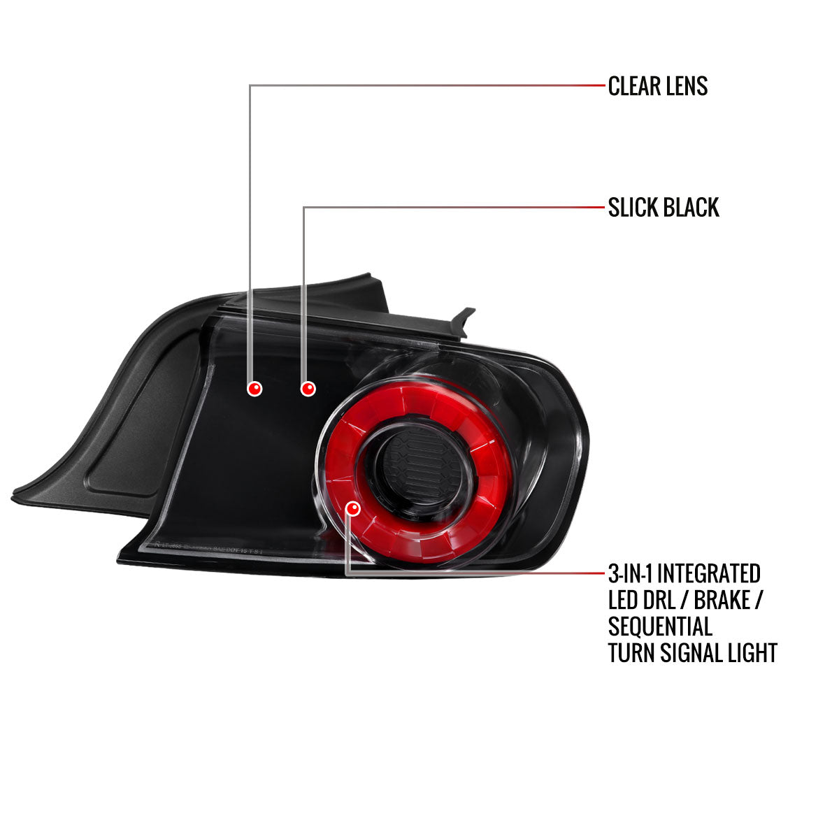 2015-2022 Ford Mustang Coupe/Convertible Red LED Bar Tail Lights (Glossy Black Housing/Clear Lens)
