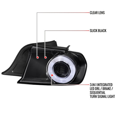 2015-2022 Ford Mustang Coupe/Convertible White LED Bar Tail Lights (Glossy Black Housing/Clear Lens)