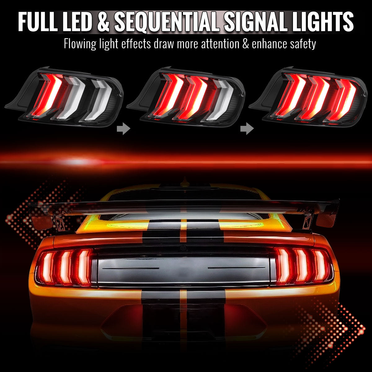 2015-2023 Ford Mustang Sequential LED Turn Signal Euro Tail Lights (Black Housing / Clear Lens)