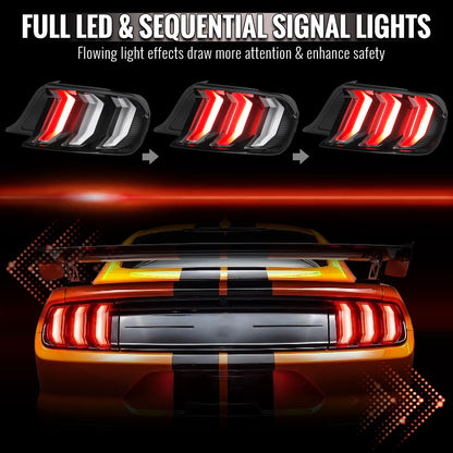 2015-2023 Ford Mustang Sequential LED Turn Signal Euro Tail Lights (Black Housing / Clear Lens)