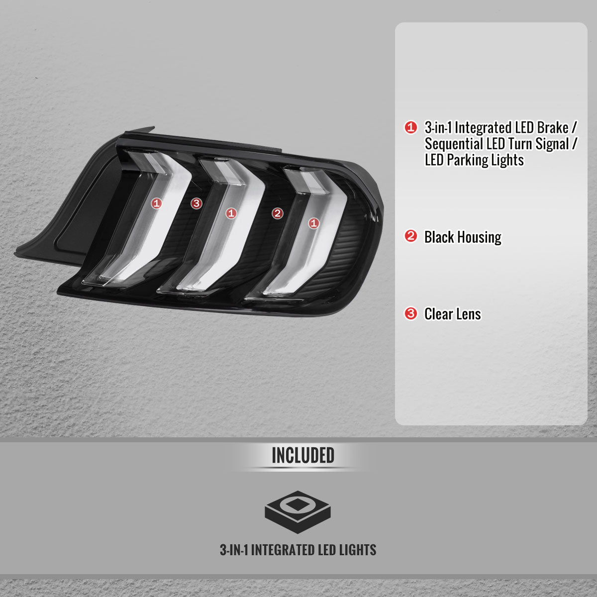 2015-2023 Ford Mustang Sequential LED Turn Signal Euro Tail Lights (Black Housing / Clear Lens)
