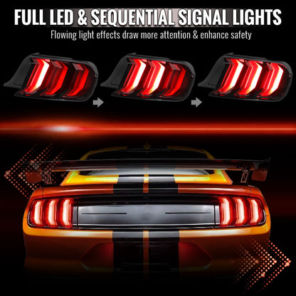 2015-2023 Ford Mustang Sequential LED Turn Signal Euro Tail Lights (Black Housing / Red Lens)