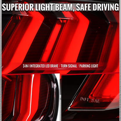 2015-2023 Ford Mustang Sequential LED Turn Signal Euro Tail Lights (Black Housing / Red Lens)
