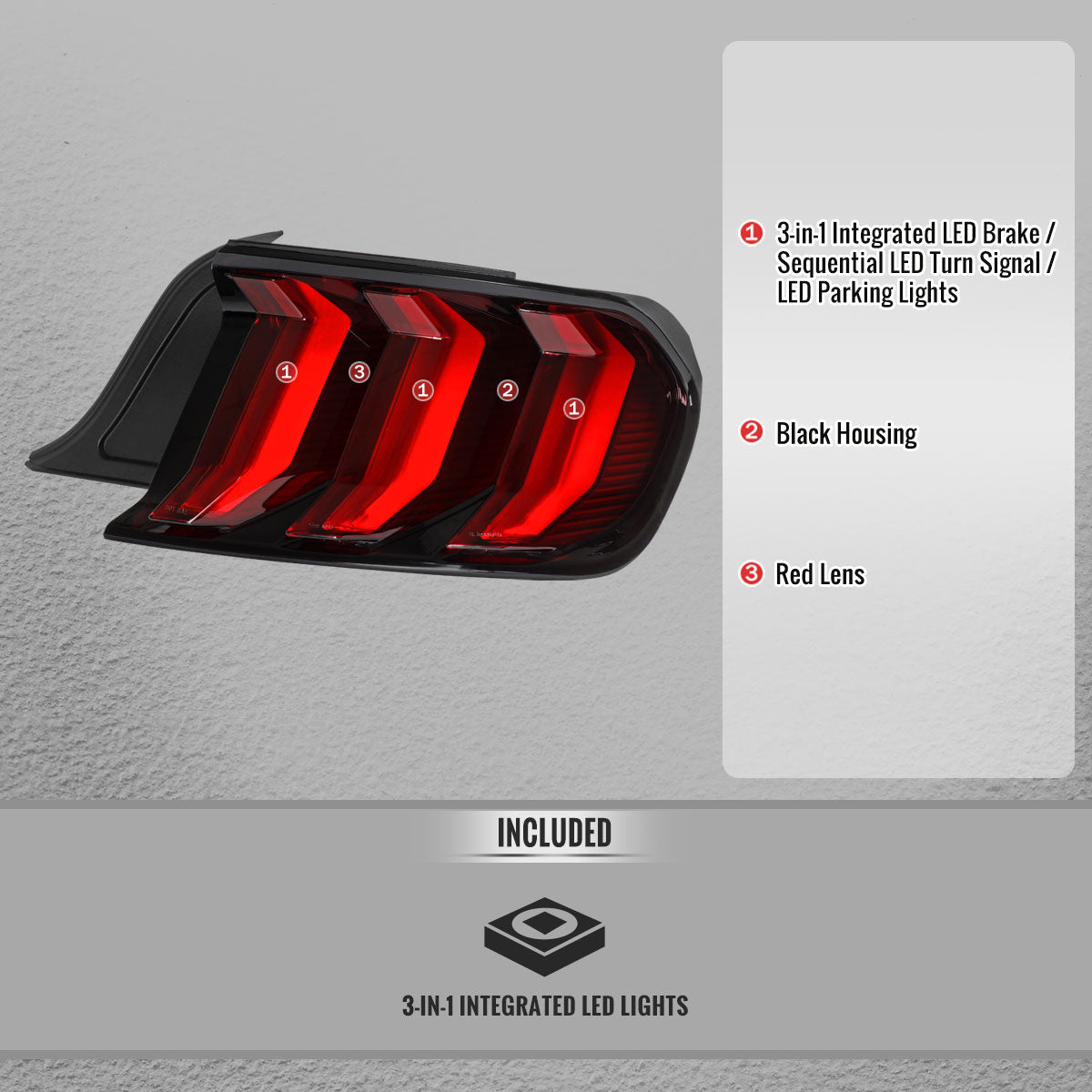 2015-2023 Ford Mustang Sequential LED Turn Signal Euro Tail Lights (Black Housing / Red Lens)