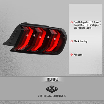 2015-2023 Ford Mustang Sequential LED Turn Signal Euro Tail Lights (Black Housing / Red Lens)