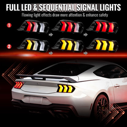 2024-2026 Ford Mustang Full LED Switchback Sequential Tail Lights with Startup Animation (Black Housing / Clear Lens)
