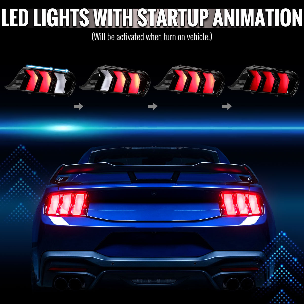 2024-2026 Ford Mustang Full LED Switchback Sequential Tail Lights with Startup Animation (Black Housing / Clear Lens)
