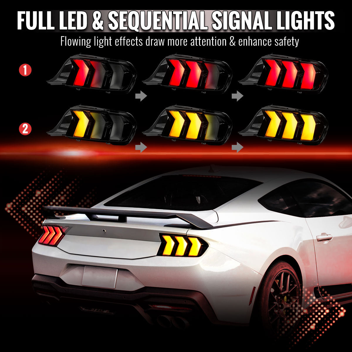2024-2026 Ford Mustang Full LED Switchback Sequential Tail Lights with Startup Animation (Black Housing / Smoked Lens)