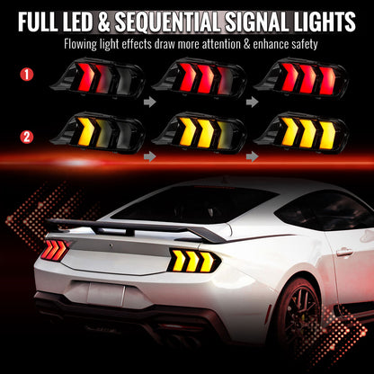 2024-2026 Ford Mustang Full LED Switchback Sequential Tail Lights with Startup Animation (Black Housing / Smoked Lens)