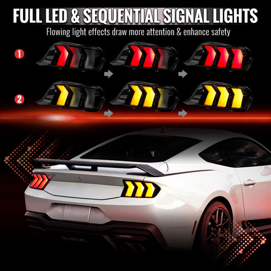 2024-2026 Ford Mustang Full LED Switchback Sequential Tail Lights with Startup Animation (Black Housing / Smoked Lens)
