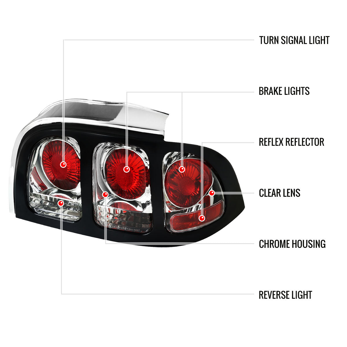 1994-1998 Ford Mustang Tail Lights (Chrome Housing/Clear Lens)