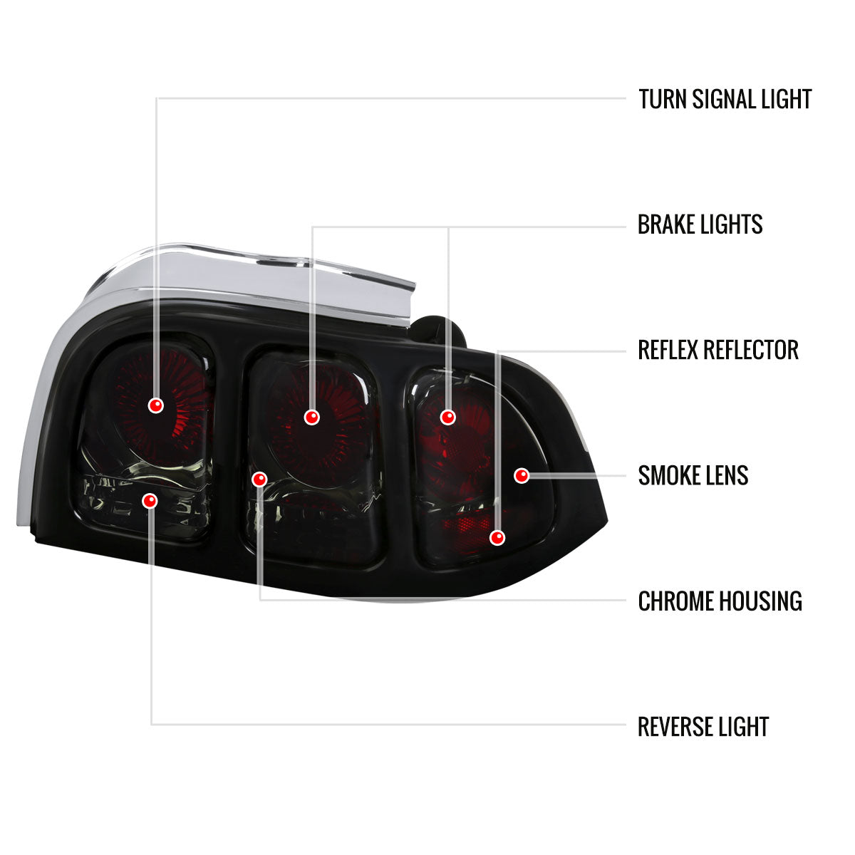 1994-1998 Ford Mustang Tail Lights (Chrome Housing/Smoked Lens)