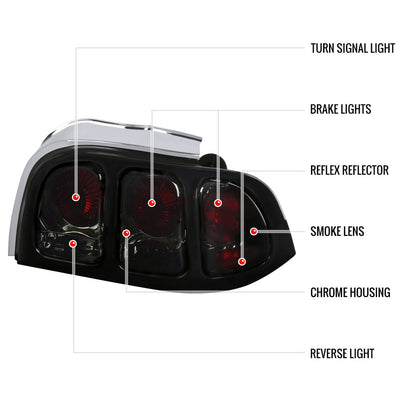 1994-1998 Ford Mustang Tail Lights (Chrome Housing/Smoked Lens)