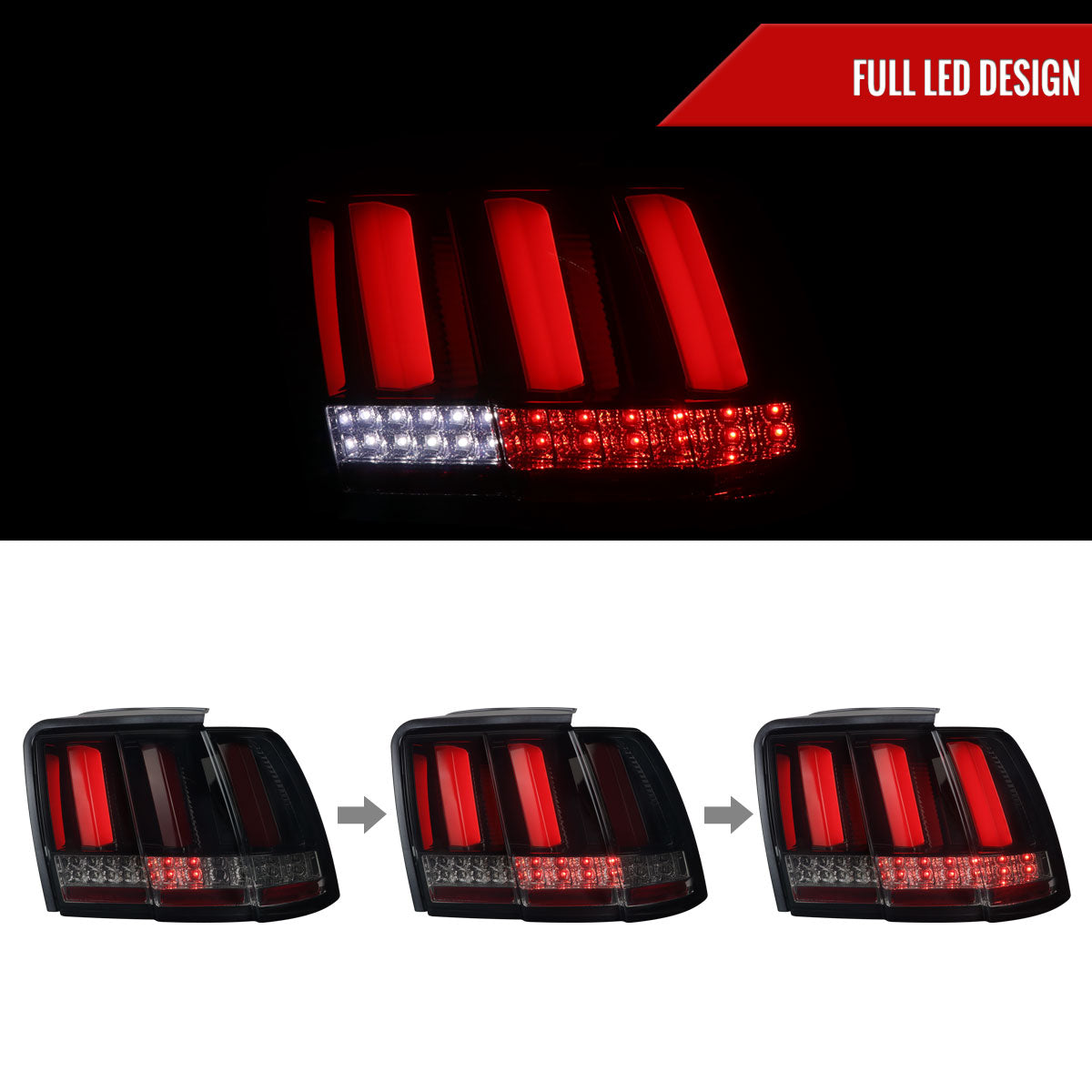 1999-2004 Ford Mustang Red Marker Sequential LED Tail Lights (Glossy Black Housing/Smoked Lens)