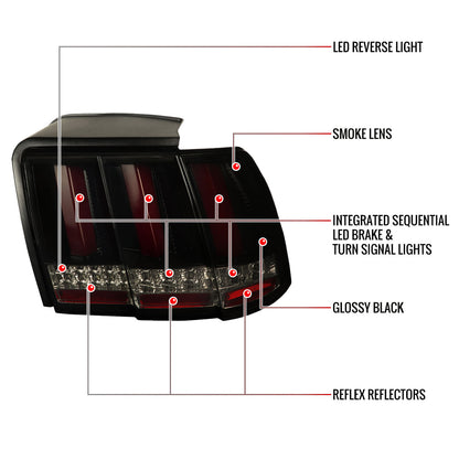 1999-2004 Ford Mustang Red Marker Sequential LED Tail Lights (Glossy Black Housing/Smoked Lens)