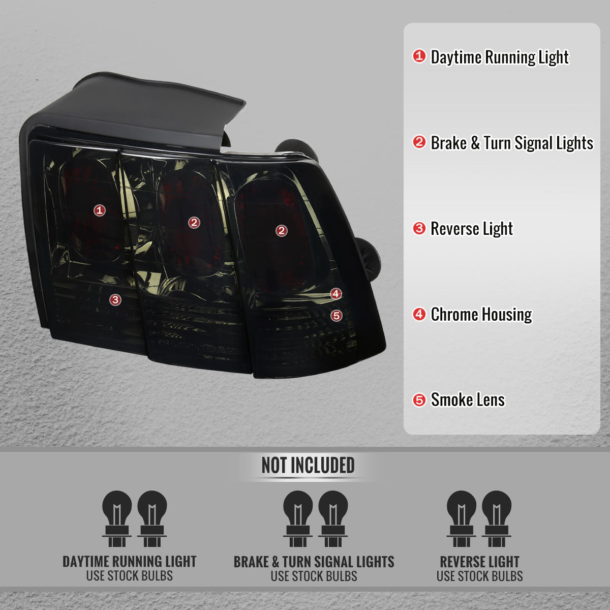 1999-2004 Ford Mustang Tail Lights (Chrome Housing/Smoked Lens)