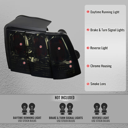 1999-2004 Ford Mustang Tail Lights (Chrome Housing/Smoked Lens)