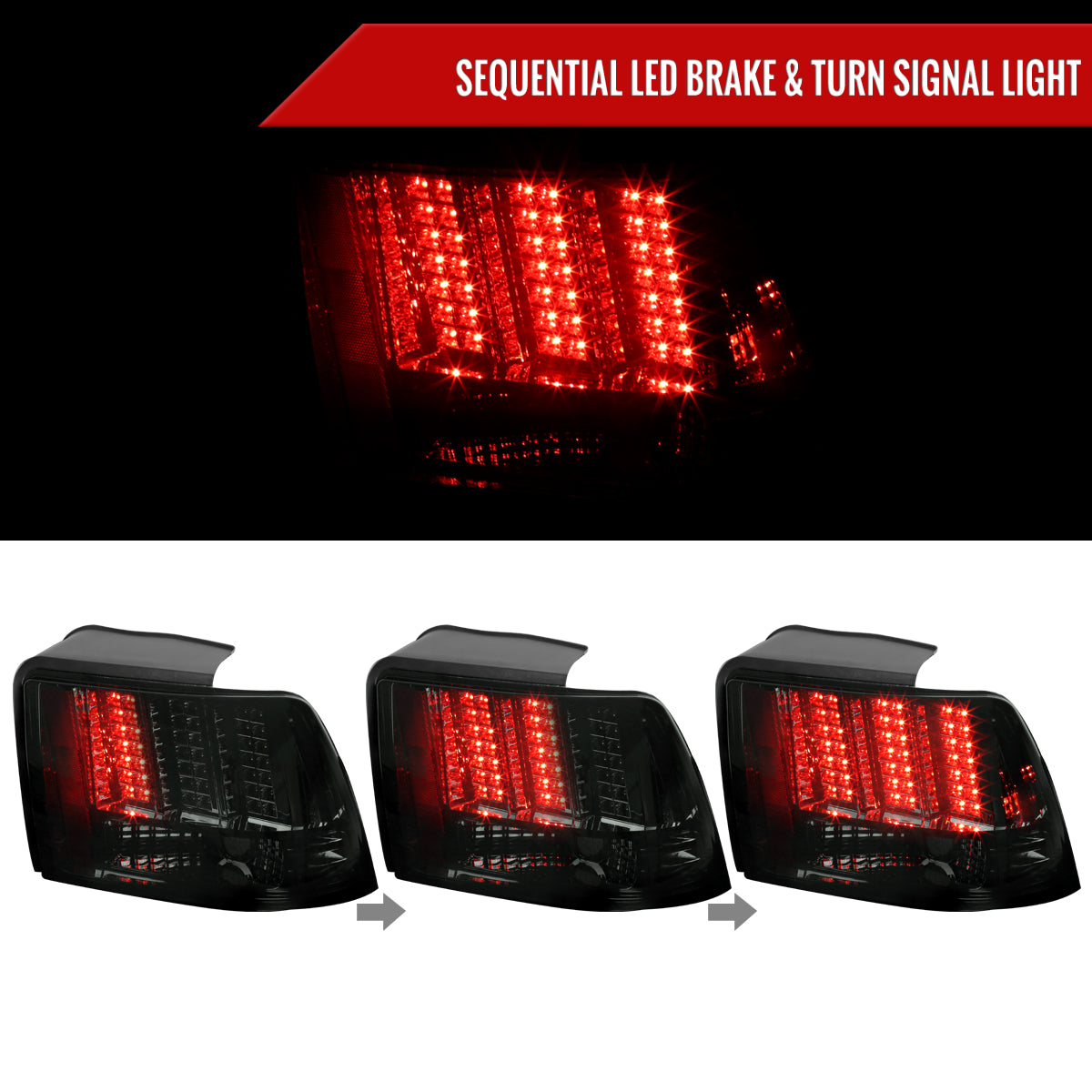 1999-2004 Ford Mustang Sequential LED Tail Lights - RS (Chrome Housing/Smoked Lens)