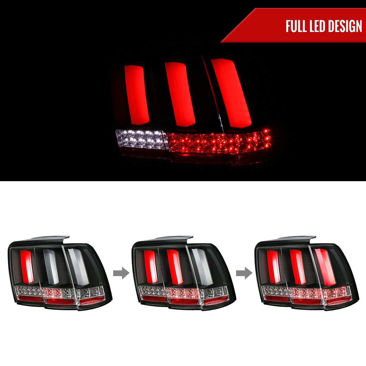 1999-2004 Ford Mustang Sequential LED Tail Lights (Matte Black Housing/Clear Lens)