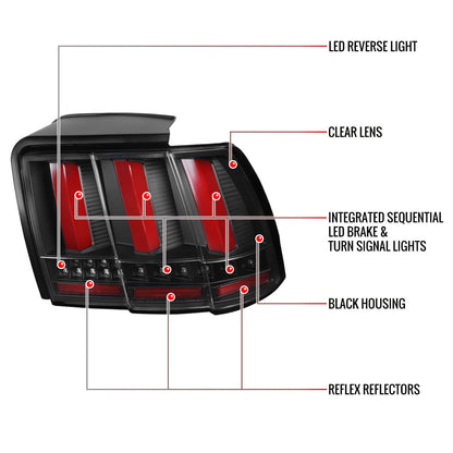 1999-2004 Ford Mustang Sequential LED Tail Lights (Black Housing/Clear Lens)