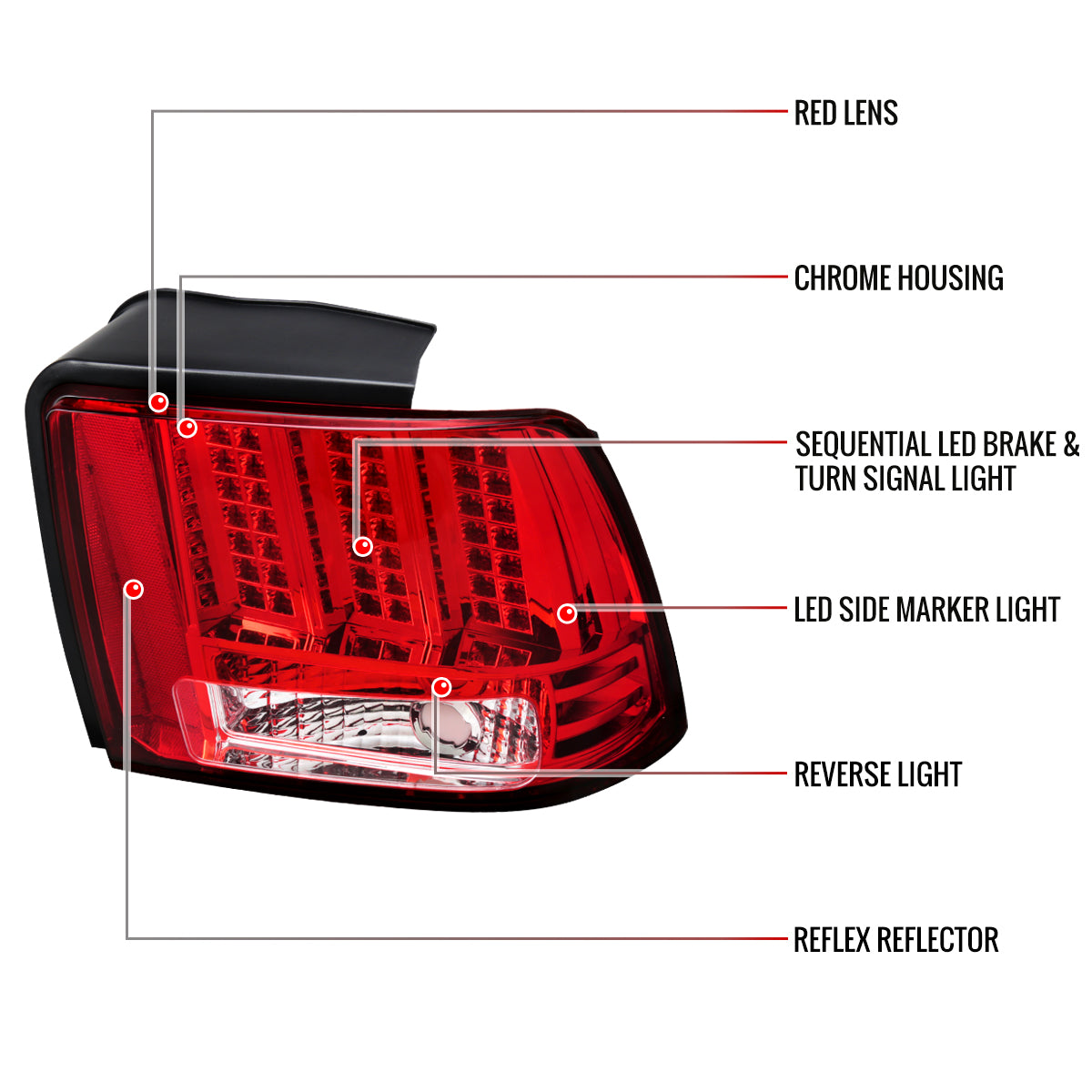 1999-2004 Ford Mustang Sequential LED Tail Lights - RS (Chrome Housing/Red Lens)