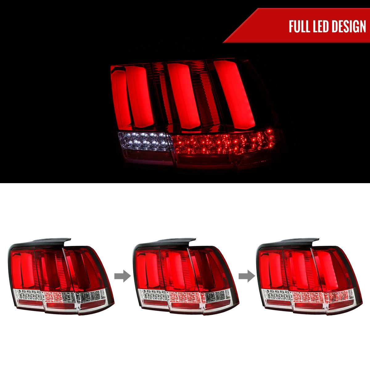 1999-2004 Ford Mustang Sequential LED Tail Lights (Chrome Housing/Red Lens)