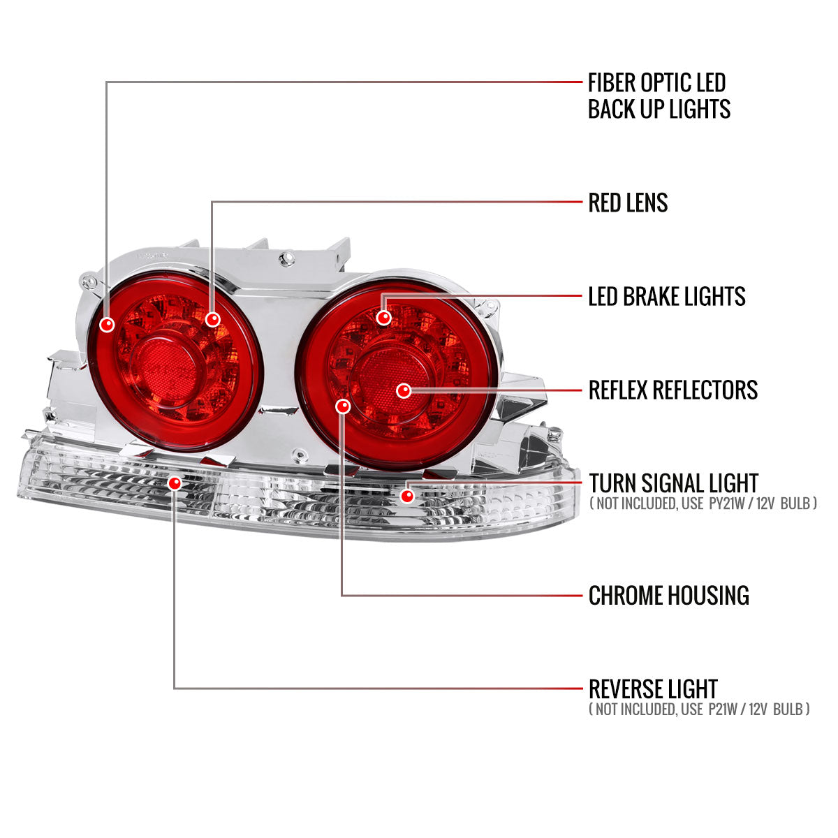 1995-1998 Nissan Skyline GT R33 JDM Red LED Tail Lights (Chrome Housing/Red Lens)