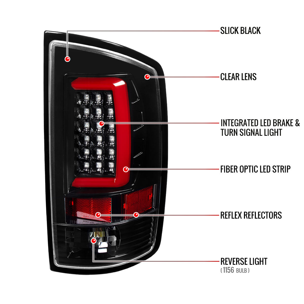 2007-2009 Dodge RAM 1500/2500/3500 Red C-Bar LED Tail Lights (Jet Black Housing/Clear Lens)