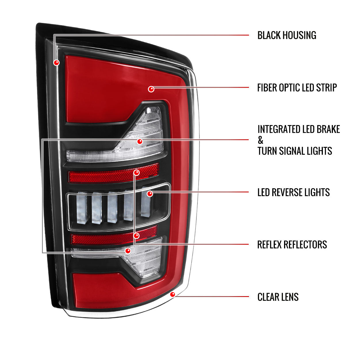 2007-2009 Dodge RAM 1500/2500/3500 Red LED Bar Tail Lights (Matte Black Housing/Clear Lens)