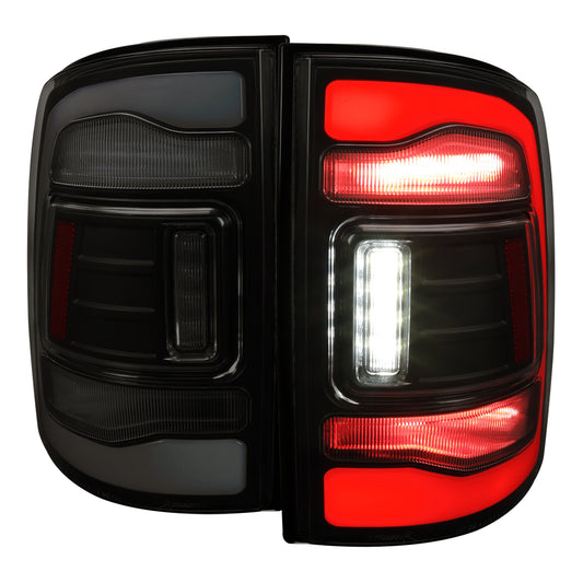 2009-2018 Dodge RAM 1500/2010-2018 RAM 2500 3500 White LED Bar Tail Lights (Black Housing/Smoked Lens)